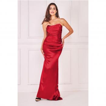 Goddiva's Red Satin Maxi Dress featuring a Bandeau Neckline