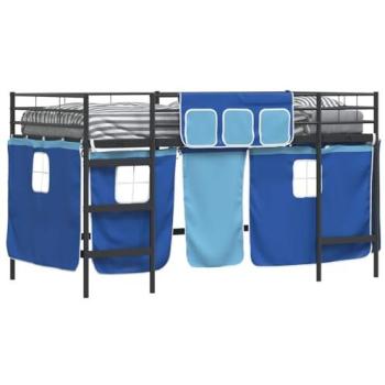 Cadre de Lit Mezzanine Enfant – 105 cm x 205 cm – Rideau en Maille – Noir et Bleu – VidaXL
