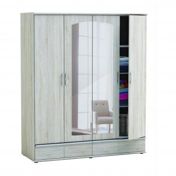 Demeyere Armoire Carrée 4 Portes, Bois Chêne Brossé, Tir. Large + Miroir