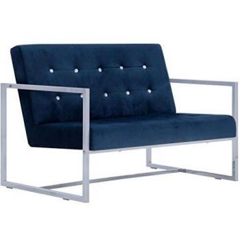 2-Seater Blue Velvet Sofa with Chrome Frame