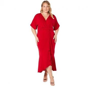 Red Coast Women’s Plus Jersey Wrap Midi with Ruffle Detail
