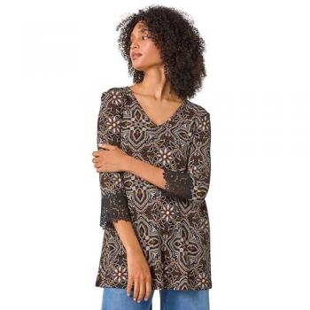 Roman Women’s Abstract Print Lace Detail Tunic Top (Black, Size 12)