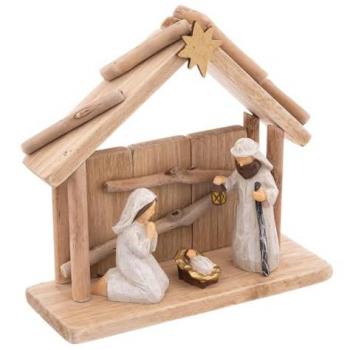 Weihnachtskrippe mit 3 geschnitzten Figuren H19 cm