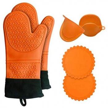 AFabPEK Manoplas de Horno, Guantes de Silicona +2 Mini Guantes y 2 Agarraderas, Soportan 450 ℉, Uso en Barbacoa y Microondas