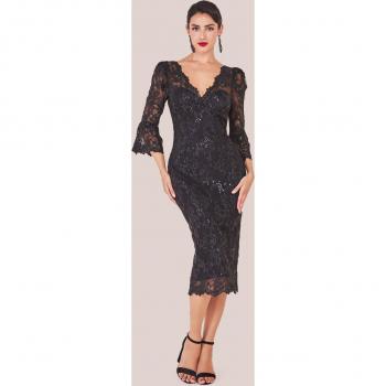 Goddiva Women's Black Sequin Lace Midi