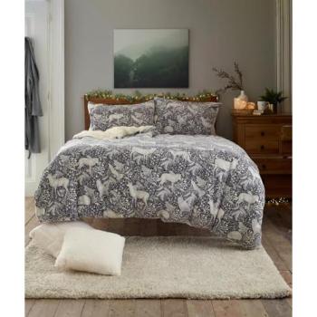 Woodland Folk Animal Print Fleece Bed Set with Cozy Sherpa Reverse (Grey, King)