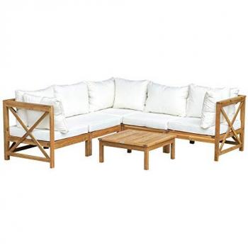 Outsunny 6pcs Patio Furniture Set Garden Sofa Set 1 Coffee Table Suitable with Cushions for Balcony Poolside Acacia Wood Cream White