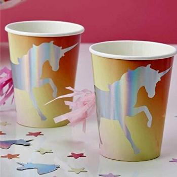 Vasos de papel con diseño de unicornio iridiscente