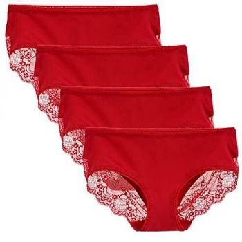 LIQQY Women's 4 Pack Cotton Mid Rise Full Coverage Lace Hipster Brief Panty Knicker Underwear in Red