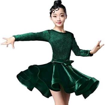 Kuteng Robe de Danse Latine Fille, Robe de Concours de vêtements de Danse Latine Rumba Samba Ballroom Robe de Danse Moderne Costume de Cosplay, Vert, 120CM