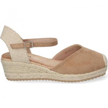 Sandalias de cuña baja en yute para mujer con hebilla color taupe