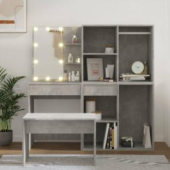 Concrete Grey Engineered Wood Dressing Table Set with LED