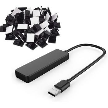USB Hub 4 Port Black Ultra Thin con 50 Clips de Cable
