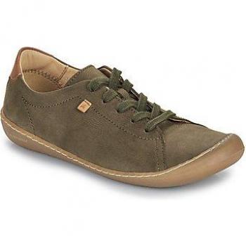 Baskets basses unisex El Naturalista PAWIKAN en cuir vert kaki, modèle plat avec cordons, style décontracté