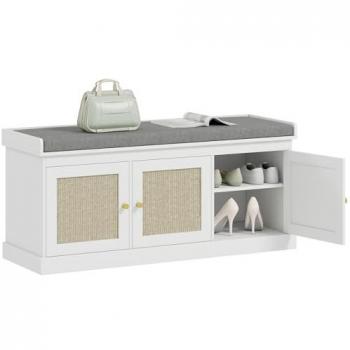 Shoe Storage Bench Featuring Rattan Panels, Comfortable Cushion, White Finish