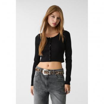 Stradivarius L‑Size Black Ribbed Button T‑Shirt
