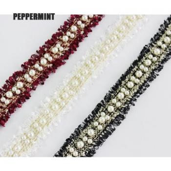 3cm Embroidered Gold Pearl Beaded Lace Trim Fabric
