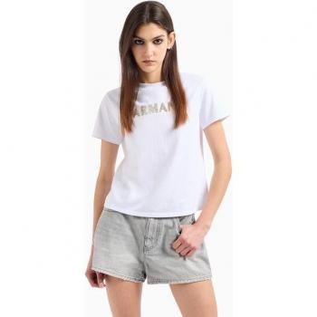 Armani T-shirt in cotone con logo di strass Bianco Taglia XS