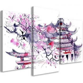 Drie-delige kunstafdruk op canvas Japanse Pagode Sumi-e 60x40 violet