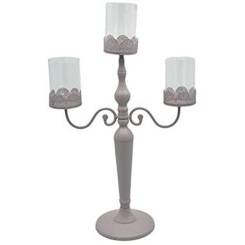 Candélabre métal taupe 3 places avec verre décoratif