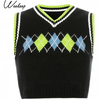 Chaleco de Punto para Mujer, Estilo Cuadros, Sin Mangas, Y2K