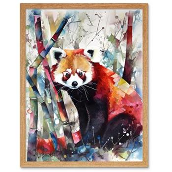 Folk‑Style Red Panda Bamboo Scene 12×16 Frame