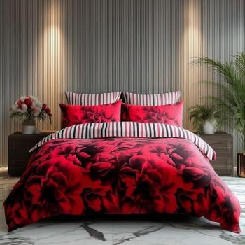 Red Reversible Rose & Stripe Bed Linen Set – Double, Snug City Duvet Cover & Pillowcase Pair