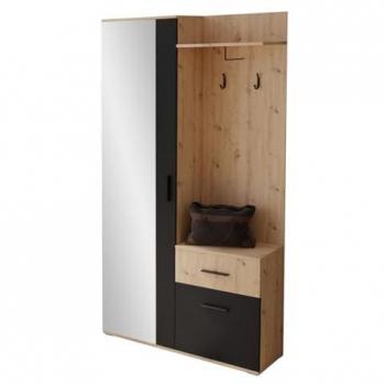 Mobilier1 – Meuble d’entrée Stanton 103 (Chêne Artisan + Noir) 195x97x30 cm, miroir stratifié, à poser