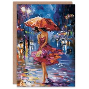 Night Out in the City: Birthday Card with Rain Umbrella (Blue)
