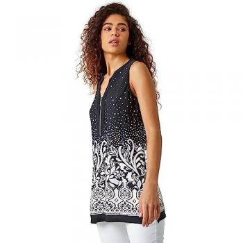 Roman Women's Black Stretch Top with Border Print and Zip Detail