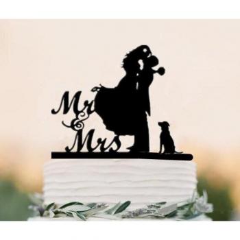 Silhouette de mariage en acrylique noir avec animaux de compagnie