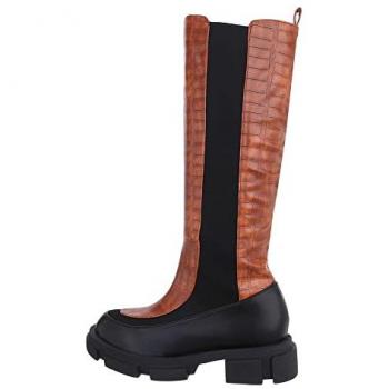 Ital-Design Damen Freizeit Blockabsatz Plateaustiefel Camel