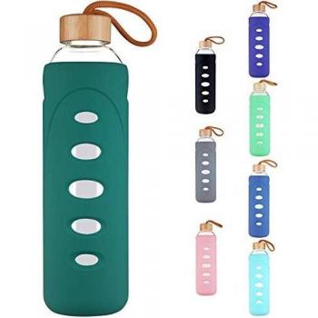 DEARRAY Bottiglia di Acqua in Vetro con Custodia Silicone e Tappo Bambù 400 ml
