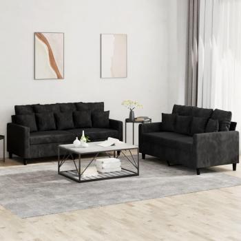 2-Piece Sofa Set in Black Velvet with Cushions