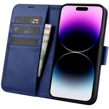 Étui portefeuille anti‑RFID couleur bleu, double fonction cuir, iPhone 14 Pro Max