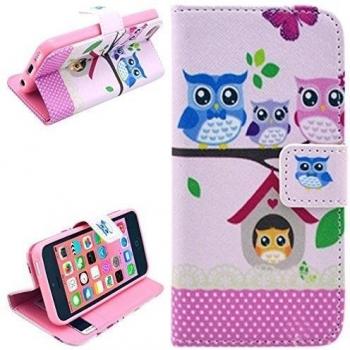 Funda de cuero Buho colorido para iPhone 5C con ranuras para tarjetas