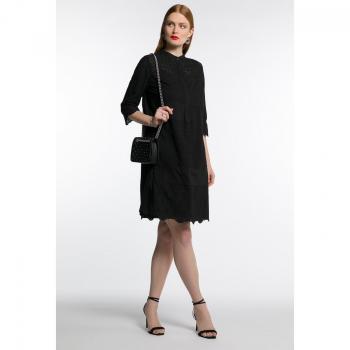 Abito midi svasato con patchwork e bottoni, cotone, Donna, Nero, Taglia 52