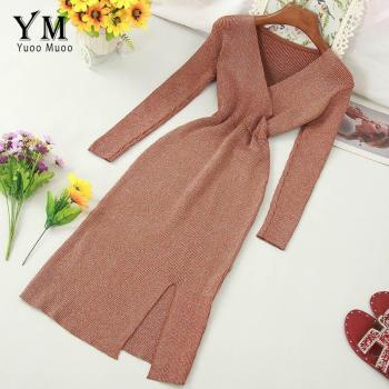 Vestido de punto estilo coreano con escote en V brillante para mujer