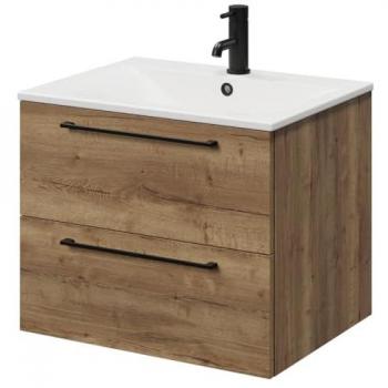 Napoli Minimalist 600 mm Wall Vanity – Tobacco Oak MDF, Single Tap, Dual Drawer Storage, Matt Black Handles