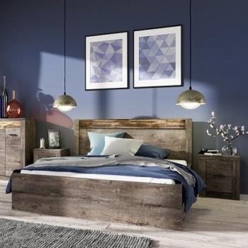 Doppelbett Schlafzimmer Set 3-teilig, Bett 160x200 cm und 2 Nachttische in Esche dunkel mit integrierter LED Beleuchtung