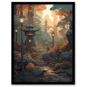 Zen Garden Trail with Lanterns: Autumn Sunset, Pastel Palette – Framed Poster
