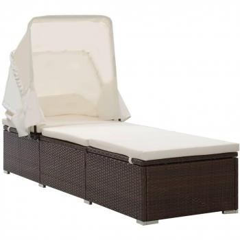 VidaXL Sun Lounger with Cushion and Canopy in Brown Poly Rattan
