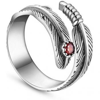 SHEGRACE Bague Vintage Plume Rouge/Noir Zircon avec 925 Sterling Anneau Réglable