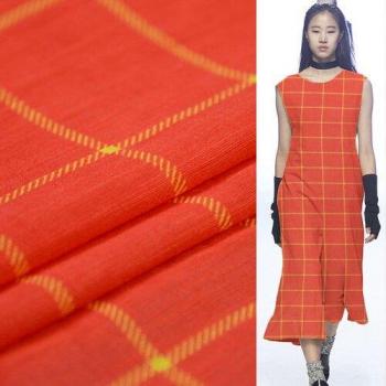 55 Wide Silk Linen Blend Yellow Gingham Plaid Fabric on Red, 16 Momme by Yard