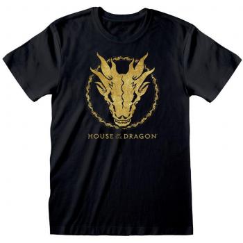 T‑shirt Noir à Col en V, Gravure Crâne d’Or « Game of Thrones – House of the Dragon », Grand