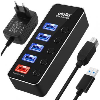 Atolla Smart‑Power USB Hub: 4‑Port USB 3.0 Aluminium‑Netzteil, Datenhub + Splitter, Ein/Aus‑Schalter