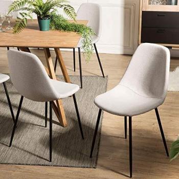 Conjunto de 2 sillas Augustin de tela blanca crudo y patas de metal negro