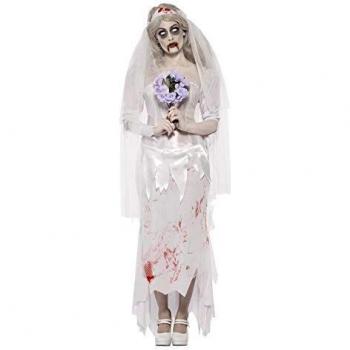 Damenkostüm Zombie-Braut, Kleid mit Schleier und Bouquet, Größe M