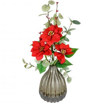 Festliches Gesteck mit Poinsettia und Eukalyptuszweigen