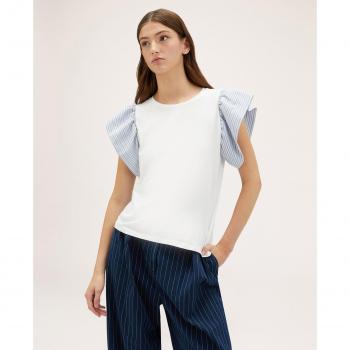 Camiseta de mujer con mangas de volante y rayas a contraste